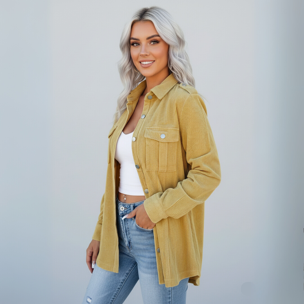 Rosaria - Stilfuld Gul Dame Cordjakke | Modejakke til Kvinder