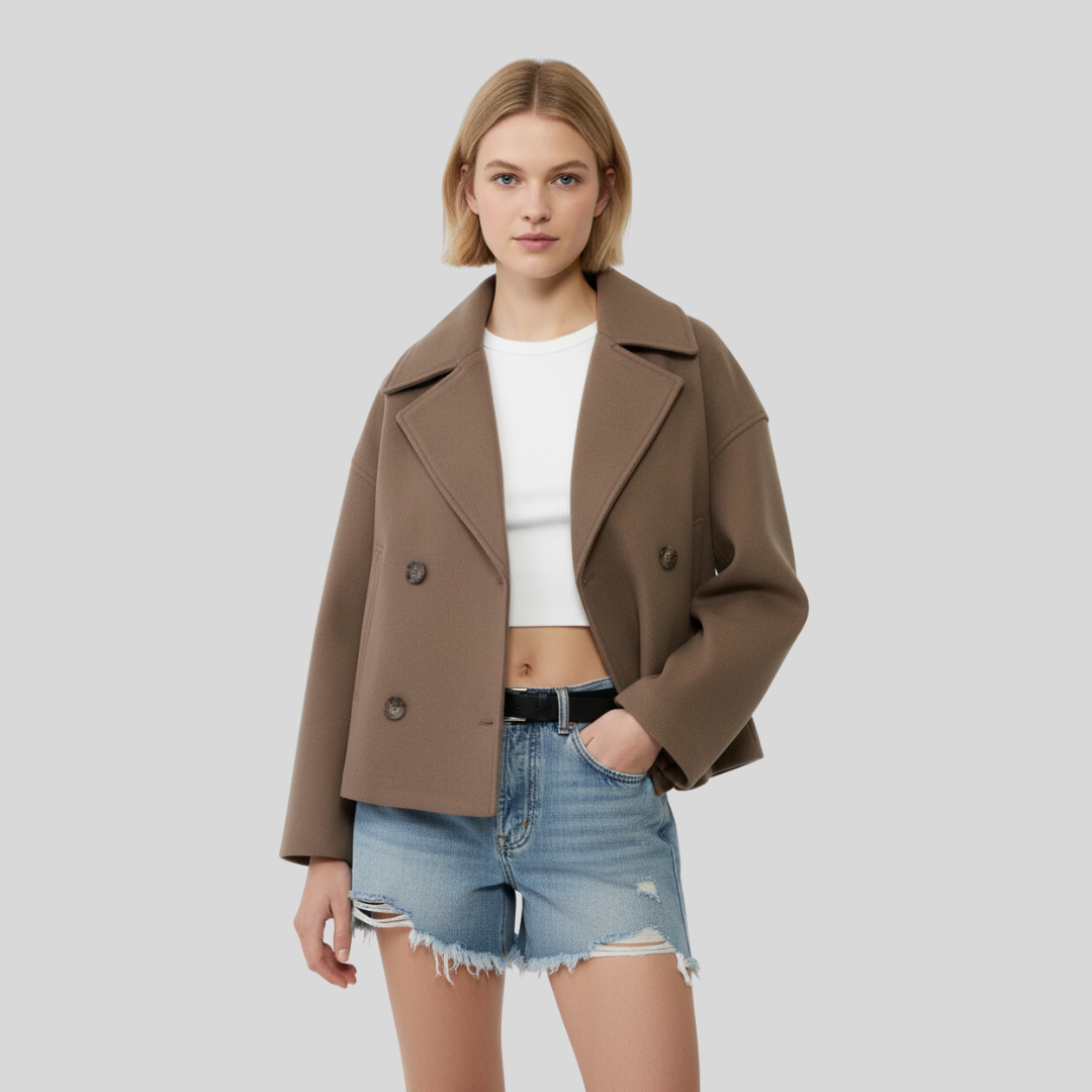 Gabriele - Stilfuld Dobbeltradet Kort Jakke til Kvinder | Elegant Damejakke til Modebevidste