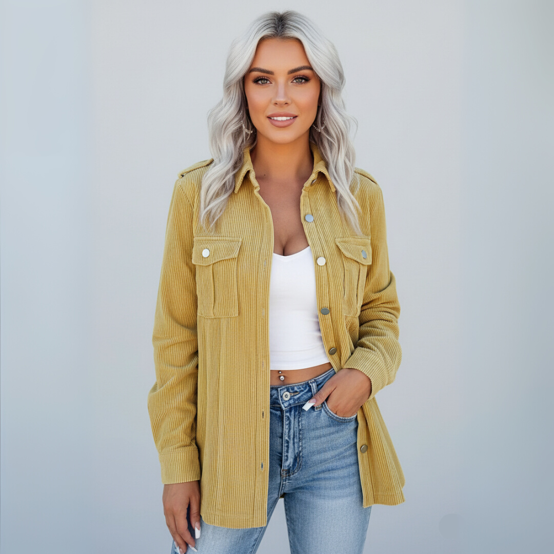 Rosaria - Stilfuld Gul Dame Cordjakke | Modejakke til Kvinder