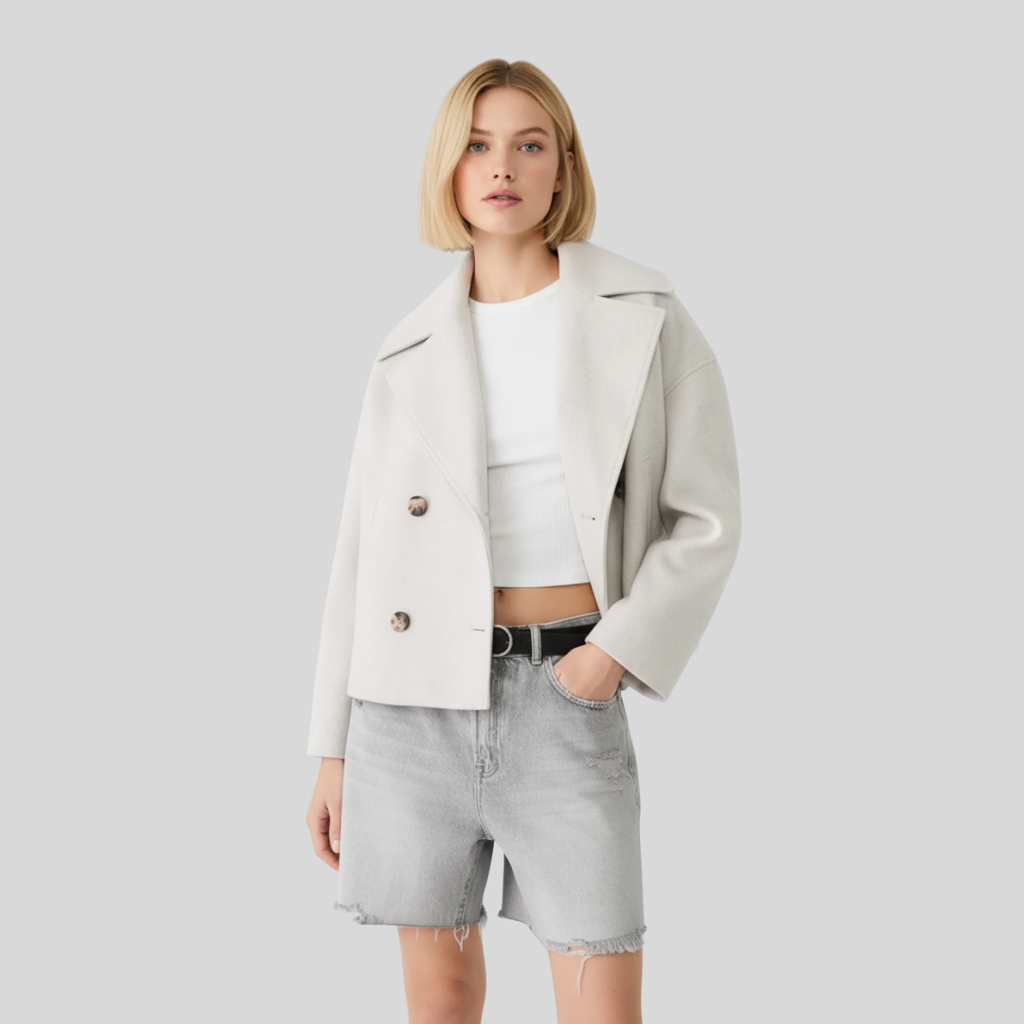 Gabriele - Stilfuld Dobbeltradet Kort Jakke til Kvinder | Elegant Damejakke til Modebevidste